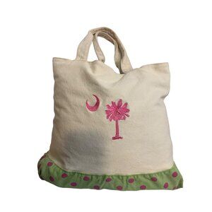 Embroidered Palm Tree Crescent Canvas Tote Bag Green Polka Dot Lining & Handles